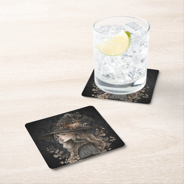 Whimsical Witch on Black Damask Square Paper Coaster (Insitu)