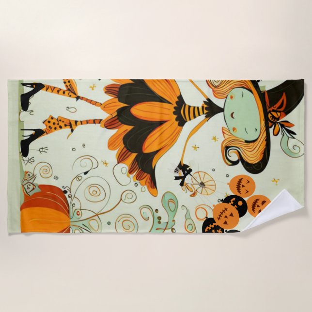whimsical/witch/pumpkin/fall beach towel (Front)