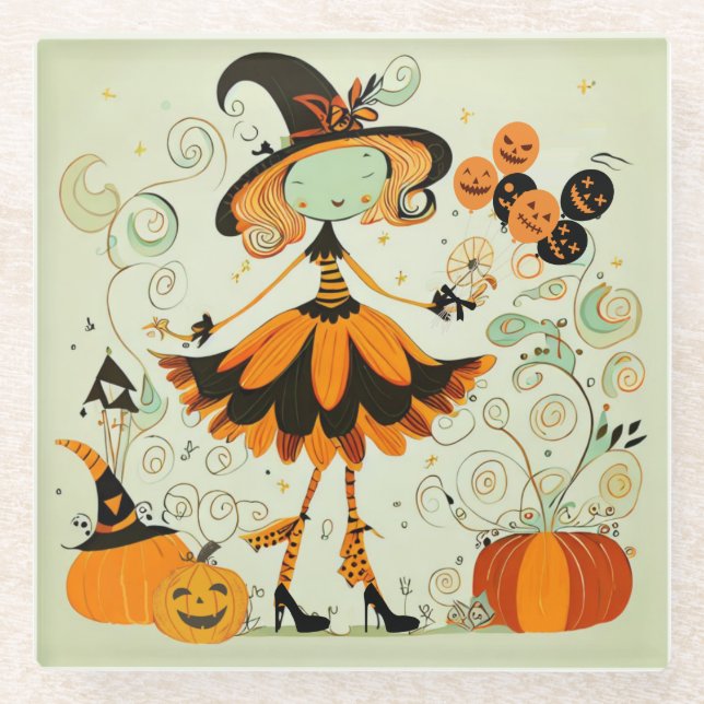 whimsical/witch/pumpkin/fall glass coaster (Front)