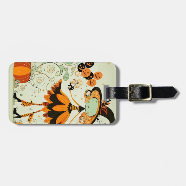 whimsical/witch/pumpkin/fall luggage tag (Front Horizontal)