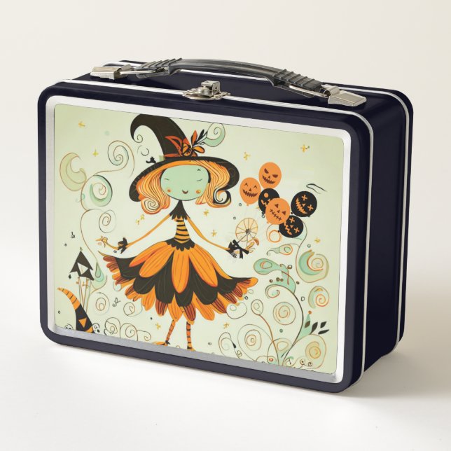 whimsical/witch/pumpkin/fall metal lunch box (Front)