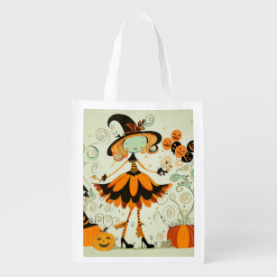 whimsical/witch/pumpkin/fall reusable grocery bag