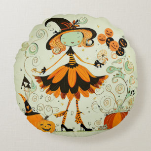 whimsical/witch/pumpkin/fall round cushion