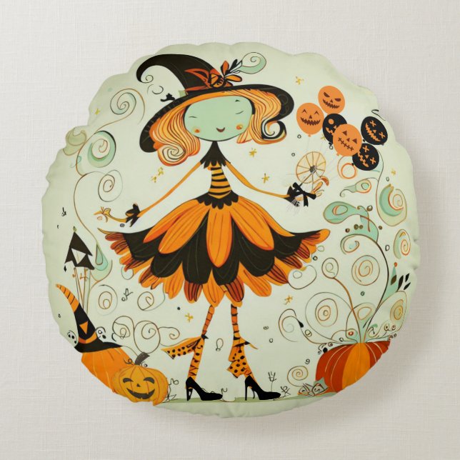 whimsical/witch/pumpkin/fall round cushion (Front)