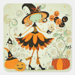 whimsical/witch/pumpkin/fall square sticker