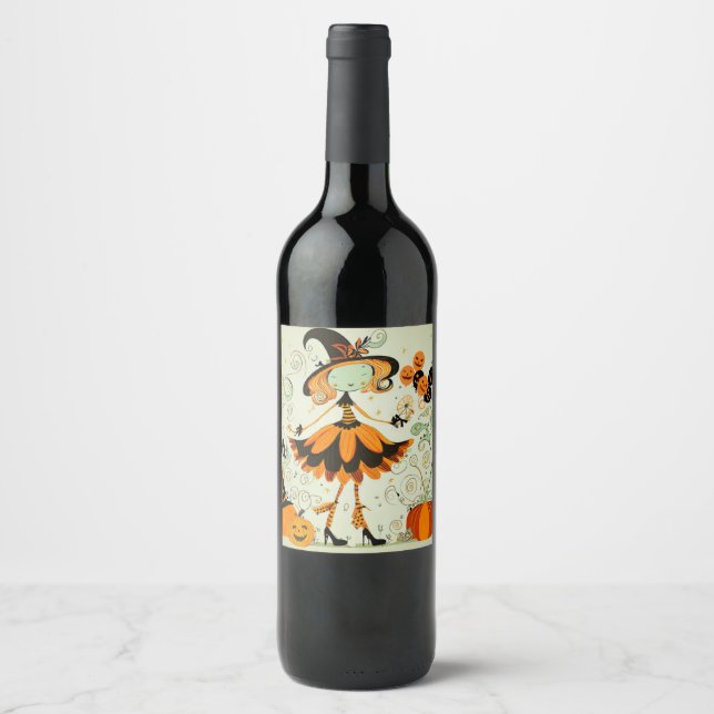 whimsical/witch/pumpkin/fall wine label (Front)