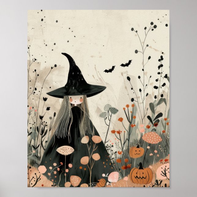 Whimsical Witch Watercolor Halloween Nursery Poster (Front)