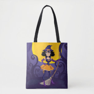 Whimsical Witch with Broomstick and the moon Tote Bag
