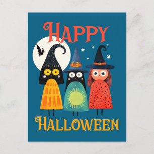 Whimsical Witches Colourful Happy Halloween Postcard