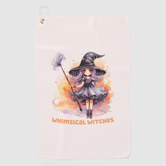 Whimsical Witches – Cute Halloween Witch Golf Towel (Front)