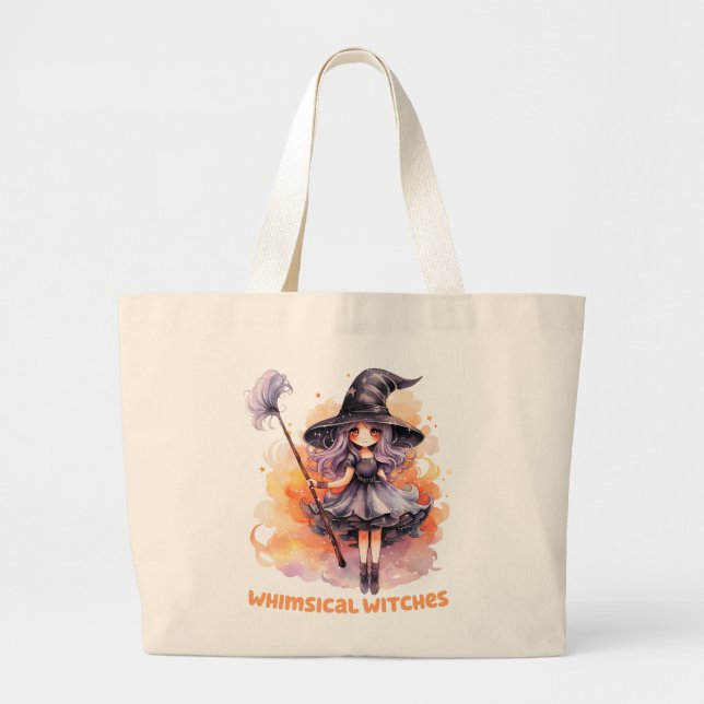 Whimsical Witches – Cute Halloween Witch Large Tote Bag (Front)