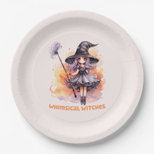 Whimsical Witches – Cute Halloween Witch Paper Plate (Front)