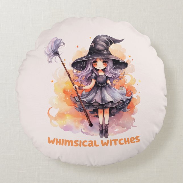 Whimsical Witches – Cute Halloween Witch Round Cushion (Front)