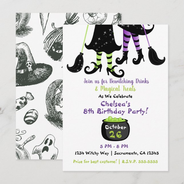 Whimsical Witches Modern Witch Halloween Birthday Invitation (Front/Back)