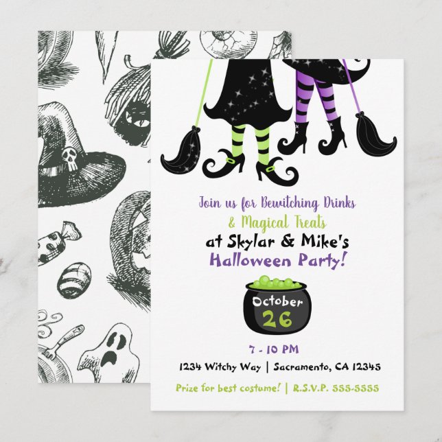 Whimsical Witches Modern Witch Halloween Party Invitation (Front/Back)