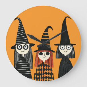 Whimsical Witches Spooky Cute Halloween Large Clock