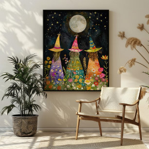 Whimsical Witches Under Fullmoon Colourful Art Poster