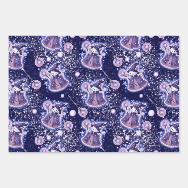 Whimsical Wizard Cat Gift Wrap | Celestial Fantasy (Front)