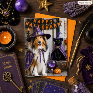 Whimsical Wizards Collie & Cat Halloween Folded Card