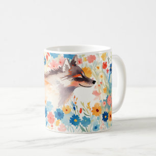 Whimsical Wolf in Blooming Flower Garden Coffee Mug