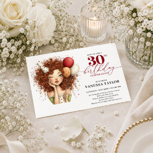 Whimsical Woman 30th Birthday Marsala Red Party De Invitation