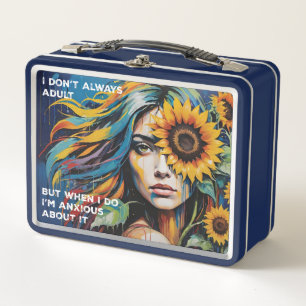 Whimsical Woman Adulting & Anxious With Sunflower Metal Lunch Box