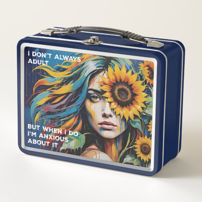 Whimsical Woman Adulting & Anxious With Sunflower Metal Lunch Box (Front)