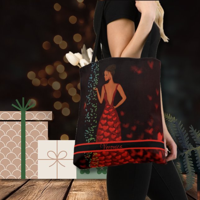 Whimsical Woman in Red Dress Tote Bag (Modern tote bag with woman in red dress)