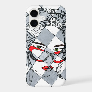 Whimsical Woman Portrait Red Glasses Geometric Neu