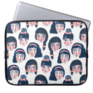 Whimsical Women: Cartoon Face Art Laptop Sleeve