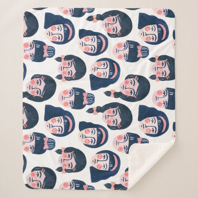 Whimsical Women: Cartoon Face Art Sherpa Blanket (Front)