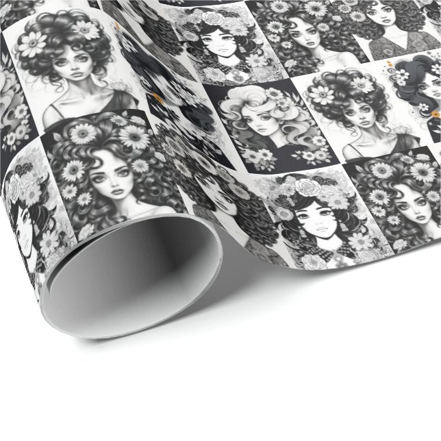 Whimsical Women in Black and White Wrapping Paper (Roll Corner)