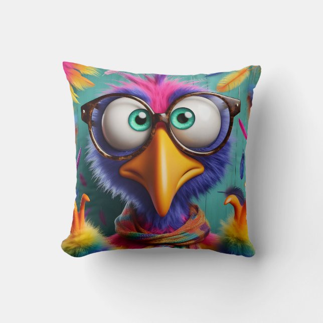 Whimsical Wonder: Colourful Bird with Big Sunglass Cushion (Front)