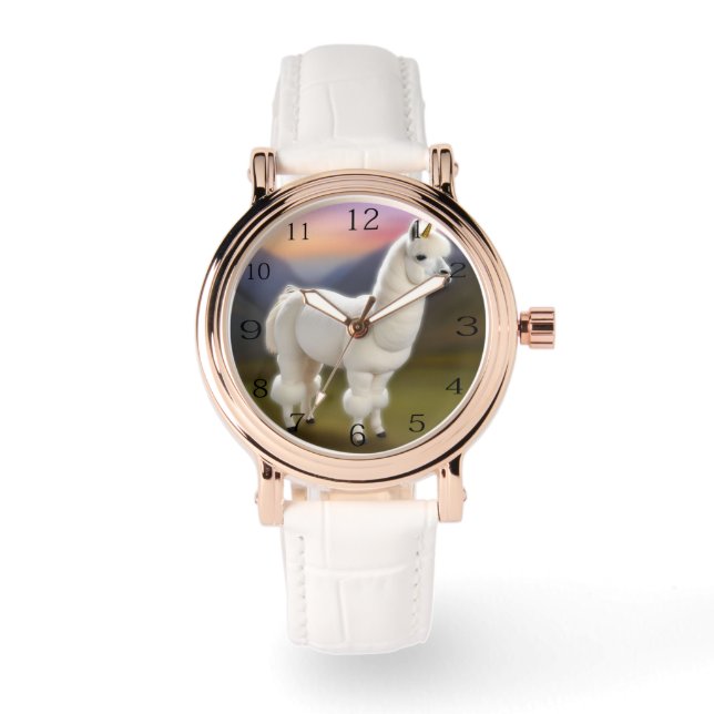 "Whimsical Wonder: White Pom-Pom Alpaca Unicorn" Watch (Front)