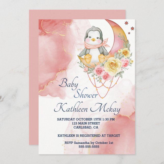 Whimsical Wonderland Pink Penguin Baby shower girl Invitation (Front/Back)