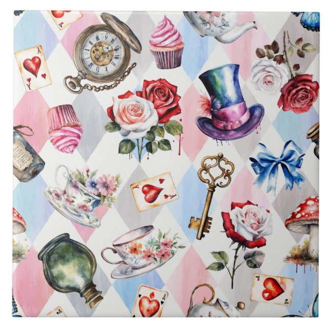 Whimsical Wonderland Watercolor Victorian Pattern Ceramic Tile (Front)