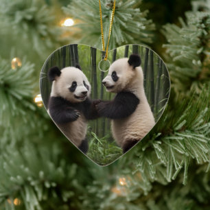 Whimsical Wonders: Baby Pandas Play in Forest Ceramic Ornament