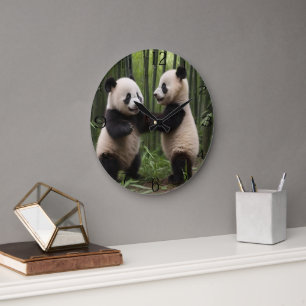 Whimsical Wonders: Baby Pandas Play in Forest Large Clock