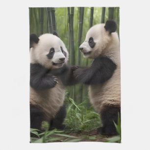 Whimsical Wonders: Baby Pandas Play in Forest Tea Towel