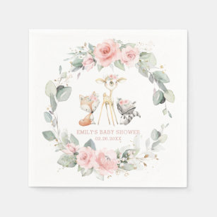 Whimsical Woodland Animals Baby Shower Pink Floral Napkin
