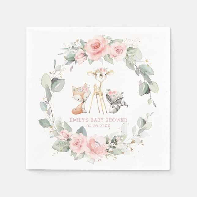 Whimsical Woodland Animals Baby Shower Pink Floral Napkin (Front)
