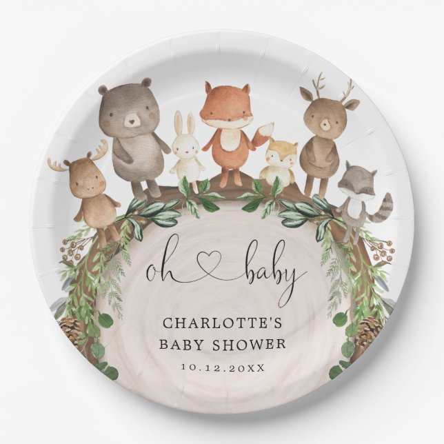 Whimsical Woodland Animals Forest Greenery Shower Paper Plate (Front)