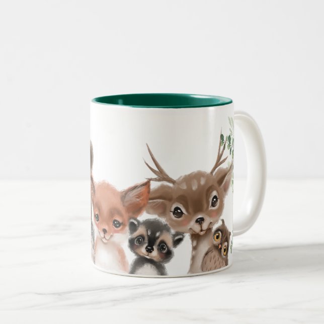 Whimsical Woodland Animals Forest Greenery Two-Tone Coffee Mug (Front Right)