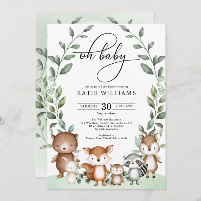 Whimsical Woodland Animals Greenery Baby Shower Invitation (Front/Back)