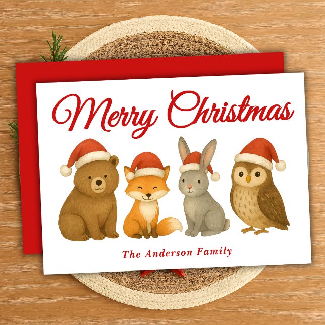 Whimsical Woodland Animals in Santa Hats Christmas Holiday Card (Creator Uploaded)