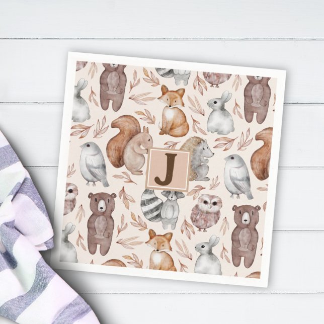 Whimsical Woodland Animals Monogram Party Napkin (Creator Uploaded)