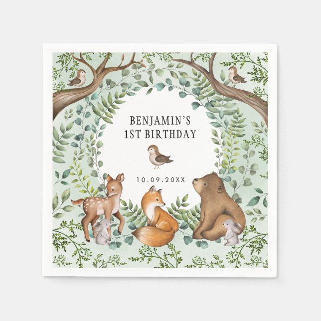Whimsical Woodland Animals Wild One 1st Birthday Napkin (Front)
