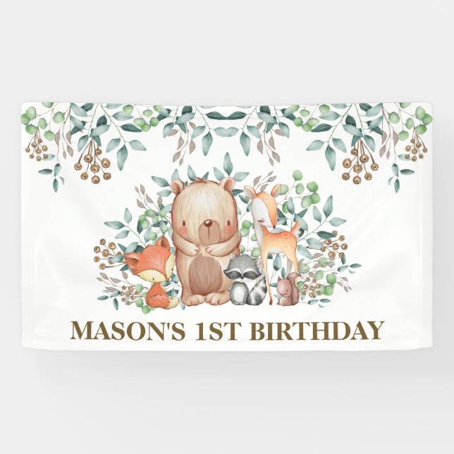 Whimsical Woodland Baby Animals Birthday Party Banner (Horizontal)
