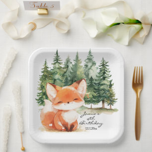 Whimsical Woodland Baby Fox 4th Birthday Paper Plate