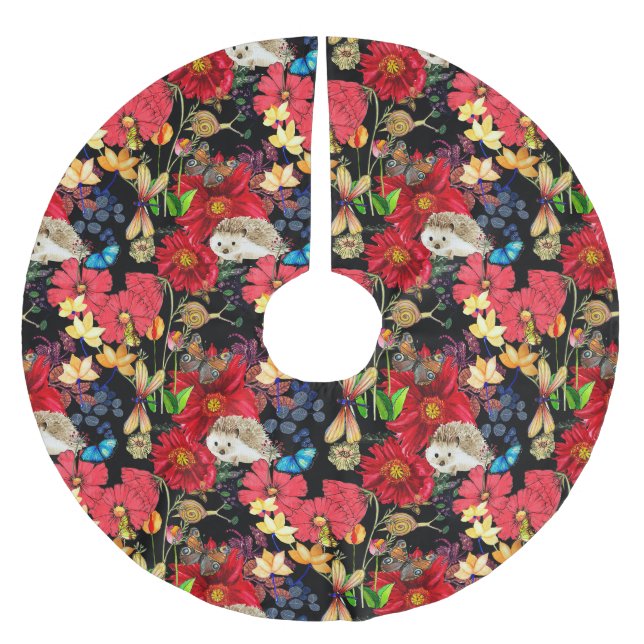 Whimsical woodland blooms – flora & fauna pattern brushed polyester tree skirt (Front)